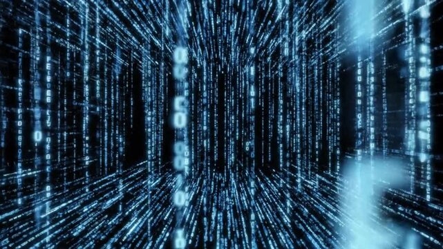 Abstract digital data stream flowing through futuristic network grid