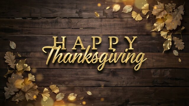 Happy thanksgiving golden text on rustic dark wood background with autumn leaves and bokeh lights
