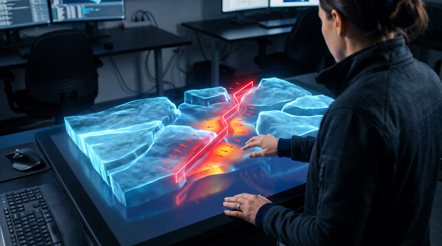Engineer analyzing 3D holographic terrain map. Specialist interacting with digital data model.