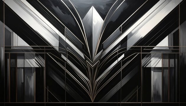 Abstract black and white art deco geometric architectural pattern.