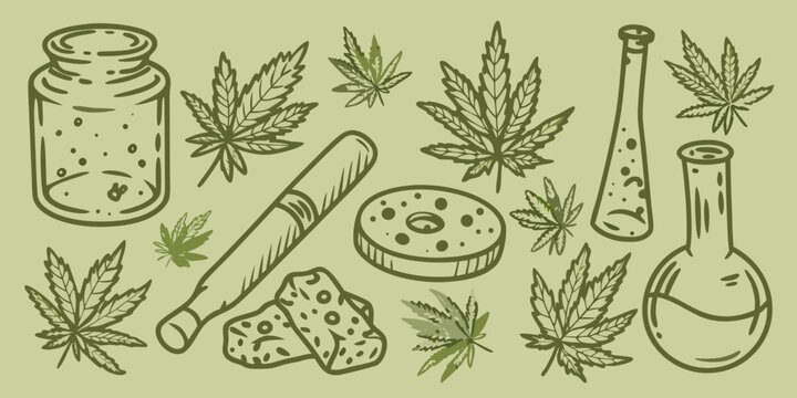 Cannabis leaves joints and edibles in olive green vector illustration