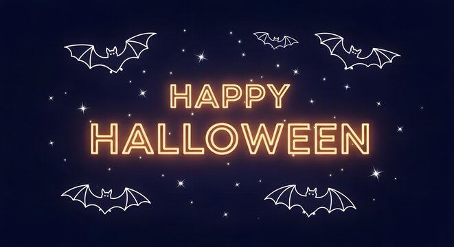 Happy halloween text with flying bats and glowing stars