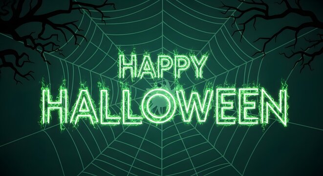 Happy halloween neon green text with spider web and spooky tree branches background