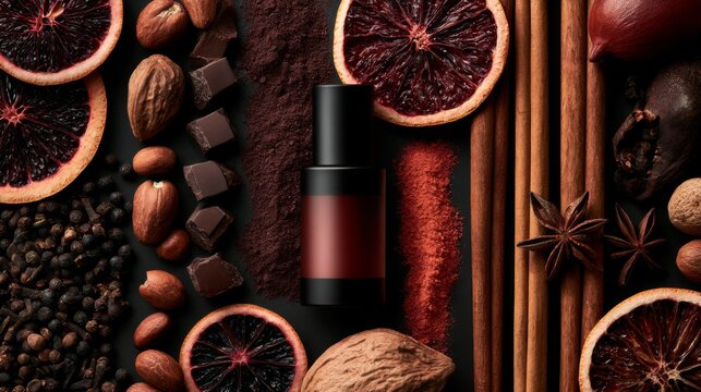 Aromatic Composition of Spices and Fruits Featuring a Perfume Bottle Amidst Natural Ingredients Such as Blood Orange, Cinnamon, and Dark Chocolate