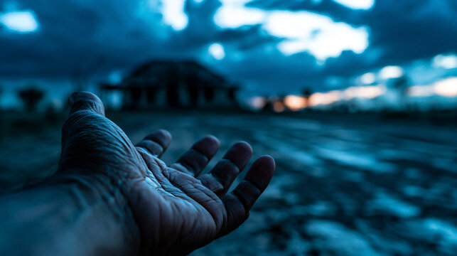 Outstretched human hand reaching toward dark stormy clouds during twilight evening landscape