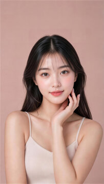曲げた指を顎の横に置く日本人の若い女性美容モデルのビューティーポートレート