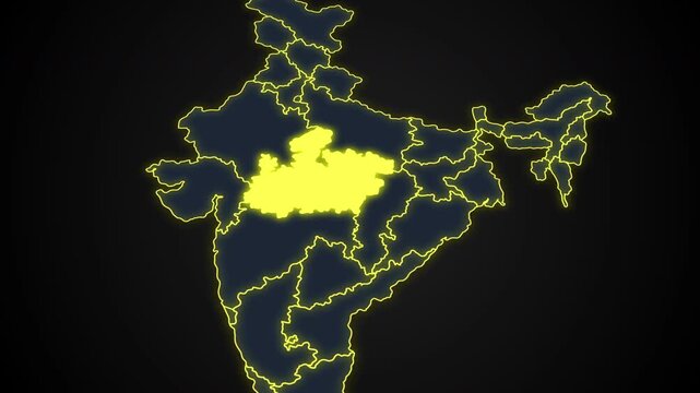 Animated glowing map of Madhya Pradesh, India, with a highlighted outline on a dark background, ideal for geography, travel, news, and infographic projects.