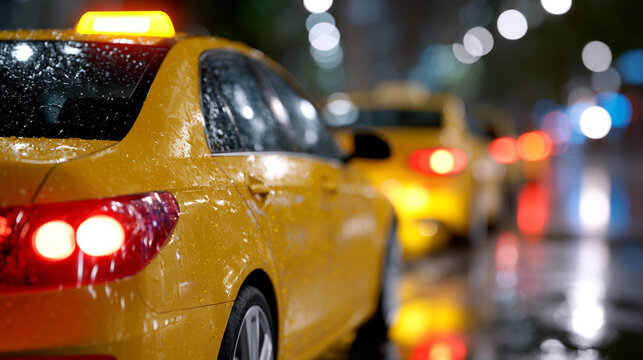 Yellow taxi cab line parked on wet city street during evening rain
