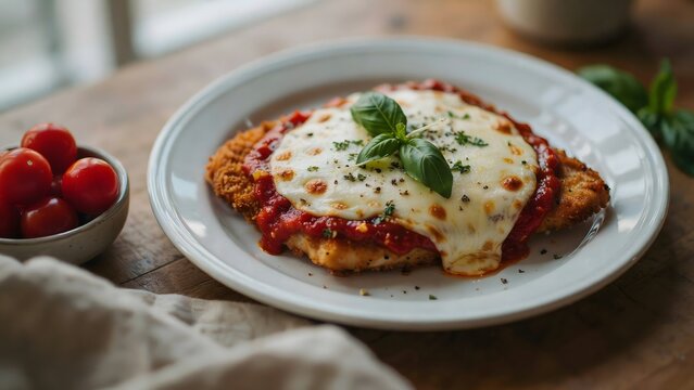 Delicious homemade chicken parmigiana topped with melted mozzarella cheese, tomato sauce, and fresh basil leaves served on a white plate