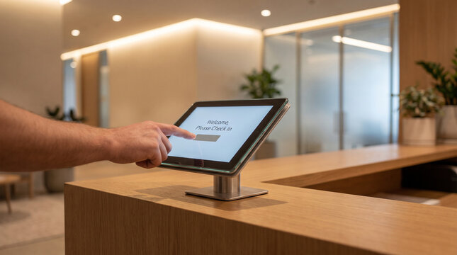 Person using a tablet for check in at a modern reception desk