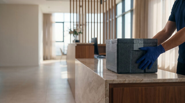 Delivery person wearing gloves places a package on a reception desk