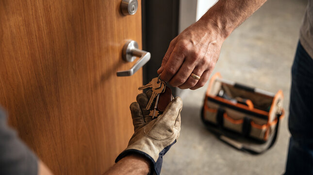 Handing over keys to a door with a toolbox in the background