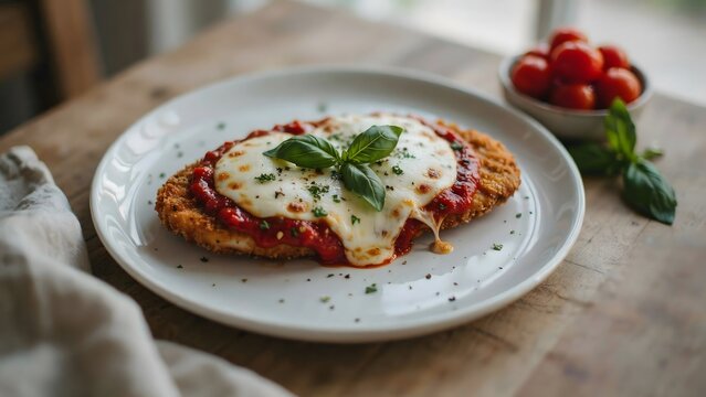 Delicious chicken parmesan with melted mozzarella cheese, tomato sauce, and fresh basil leaves on a white plate, rustic wooden table background