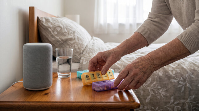 Elderly person organizing daily medication in pill organizer next to smart speaker