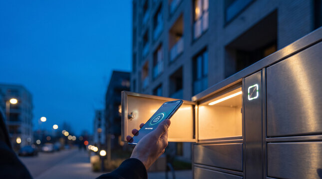 Person using smartphone to unlock smart parcel locker at dusk