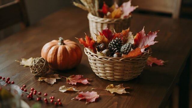 Autumn harvest composition with pumpkins, pine cones, acorns, and colorful maple leaves in wicker baskets on a rustic wooden table, seasonal decor