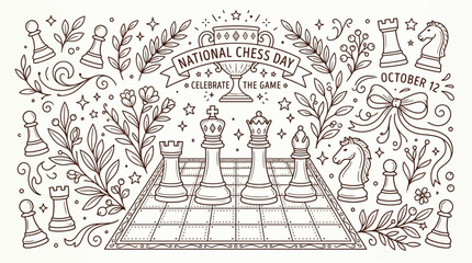 Celebrate National Chess Day with a charming illustration of chess pieces and decorative elements. © Bara