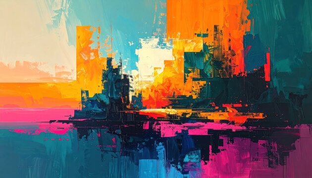 Abstract colorful digital painting of coastal city skyline.