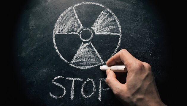 Hand drawing radioactive sign and stop text on blackboard with white chalk