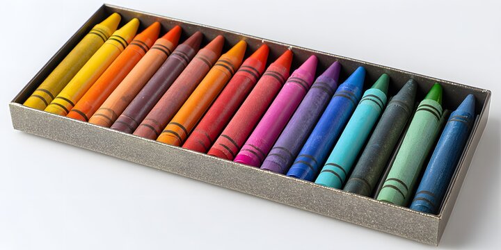 Assorted colorful crayons arranged in a cardboard box on a white surface.