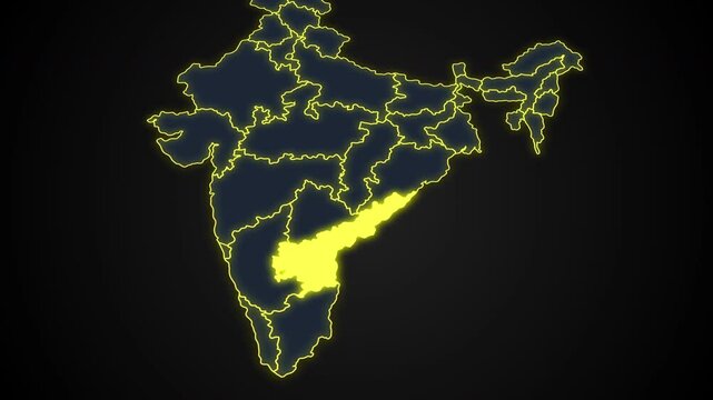 Animated glowing map of Andhra Pradesh., India, with a highlighted outline on a dark background, ideal for geography, travel, news, and infographic projects.
