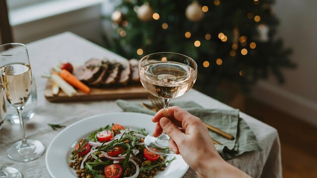 Close up of a hand holding a glass of champagne over a festive dinner table with a lentil salad, roasted meat, and christmas tree lights in background