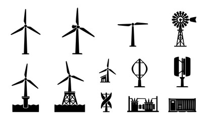 Collection of various wind turbine silhouettes and renewable energy equipment icons for sustainable power generation and green technology © MdMukul