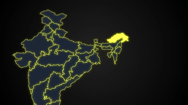 Animated glowing map of Arunachal Pradesh, India, with a highlighted outline on a dark background, ideal for geography, travel, news, and infographic projects.