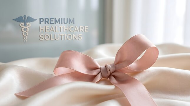 A beautiful elegant pink silk ribbon tied in a bow resting on soft white fabric in a bright room