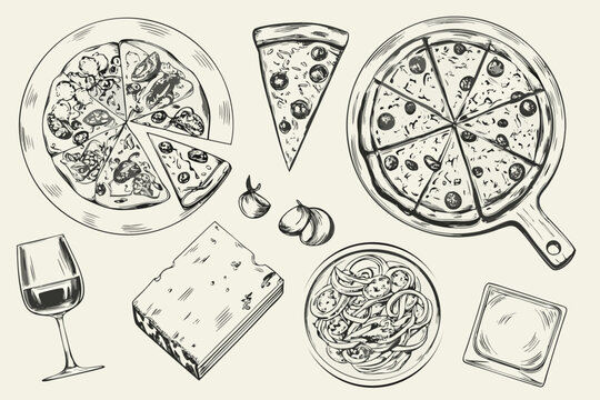 hand drawn sketches of pizzas and italian food items spaghetti cheese wine glass