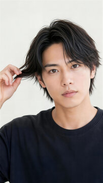 毛先を片側へ持ち上げる日本人の若い男性美容モデルのビューティーポートレート