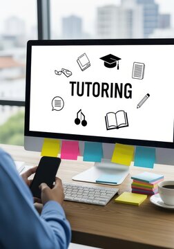 Online Tutoring Concept with Student Using Smartphone and Computer at Desk for Remote Education and Distance Learning
