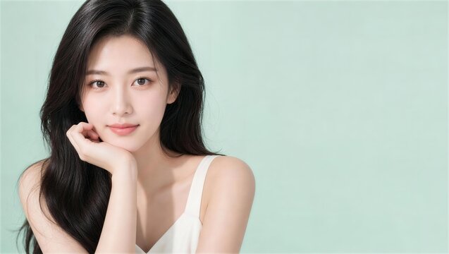 手の甲に顎を軽く乗せる日本人の若い女性美容モデルのビューティーポートレート