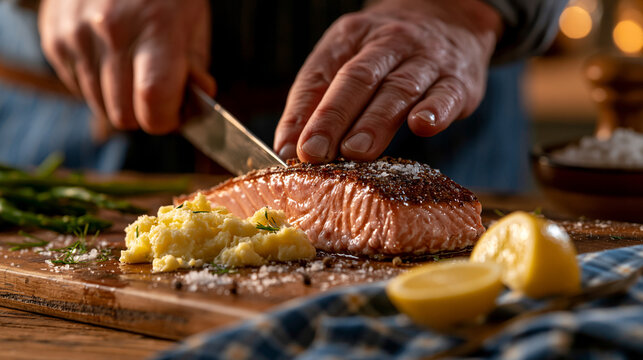 Hands cutting a perfectly cooked salmon fillet served with smashed potatoes and lemon, culinary