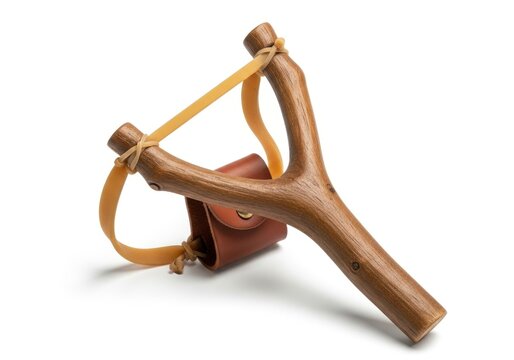 Classic Wooden Slingshot with Leather Pouch on White Background.