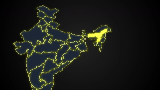 Animated glowing map of Assam, India, with a highlighted outline on a dark background, ideal for geography, travel, news, and infographic projects.