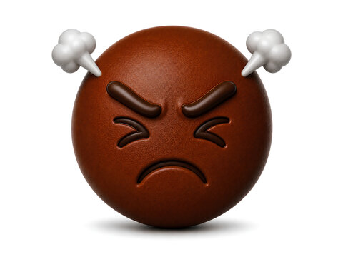  Rich dark chocolate-brown frustrated Face emoji illustration, isolated on white background. 3D emoji illustration of a frustrated Angry emoji face with steam coming from his ear.