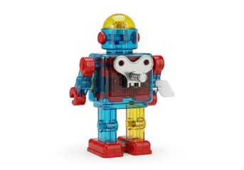 Colorful Transparent Robot Toy on White Background. © KDG