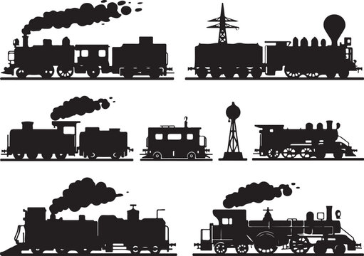 Set of vintage steam locomotive train silhouettes with smoke and railway equipment