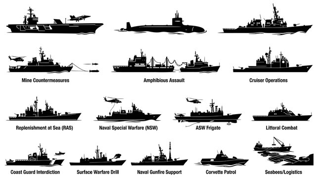 Navy Ship Silhouettes: Military Vessels for Defense Industry Design