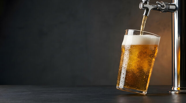 Cold Golden Lager Pouring from Draft Tap into Tilted Glass with Frothy Head