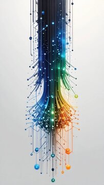 Abstract vibrant lines cascade downwards with colorful spheres on a white background