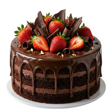 Decadent chocolate strawberry cake on a white plate dark background