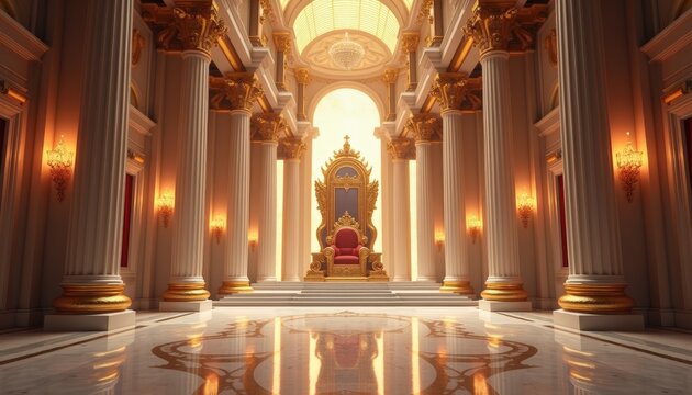 Grand royal throne room with golden pillars, marble floor, velvet seating and regal atmosphere, perfect for fantasy