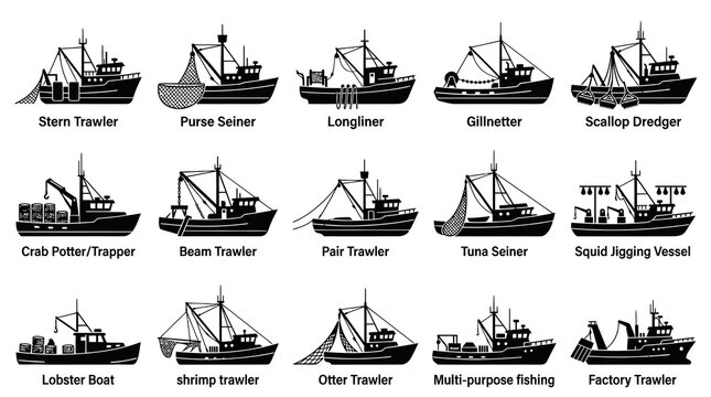 Fishing Vessel Types Silhouette Icons Set. Commercial Marine Boats and Ships for Seafood Industry Collection.