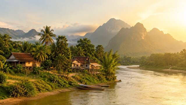 Breathtaking sunset over a tranquil river flowing through a lush tropical valley with traditional houses and majestic mountains in Laos