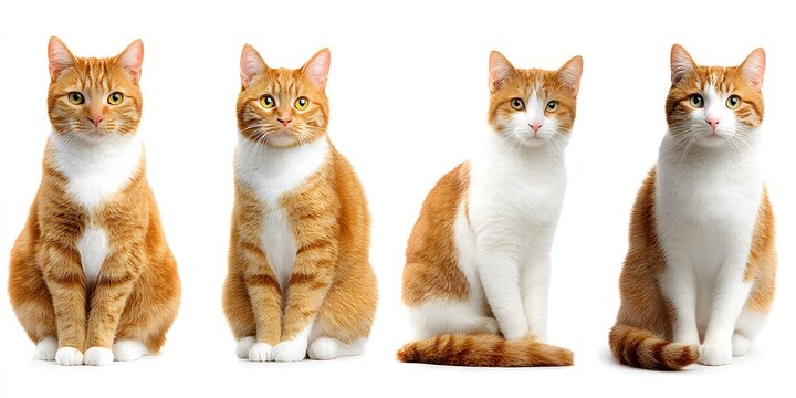 Four orange and white tabby cats sitting upright in a row against a white background.