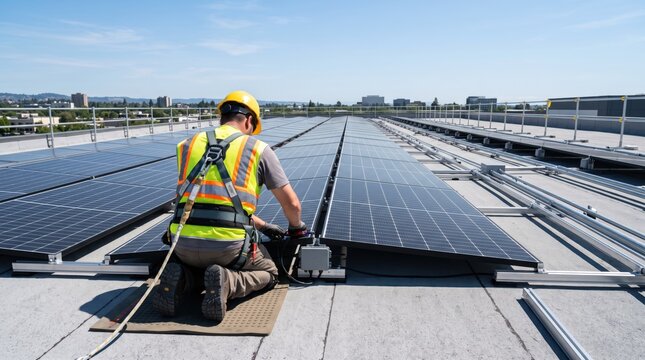 Professional technician installing solar panels on commercial rooftop with safety gear and harness under blue sky background