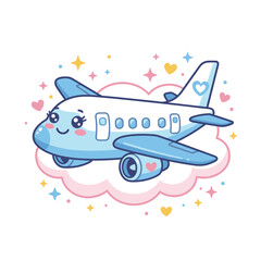 Fototapeta premium Cute blue airplane flying through fluffy clouds and sparkling stars