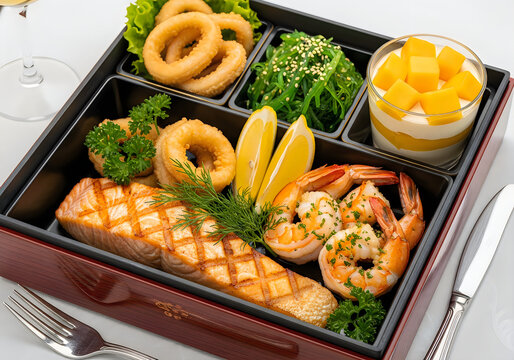 Delicious seafood bento box with grilled salmon shrimp and calamari